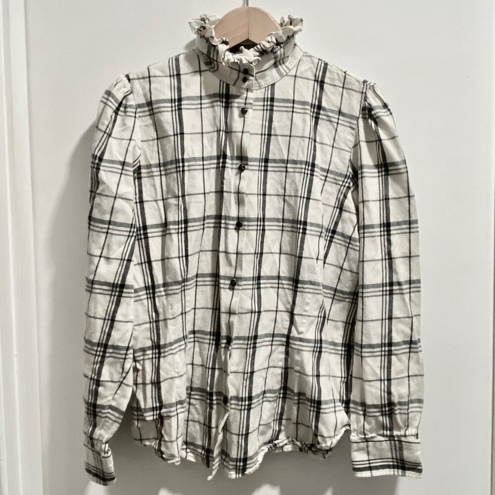 Lauren RL Cotton Flannel Heritage 90s Romantic Preppy Boho Ruffle Shirt Blouse L